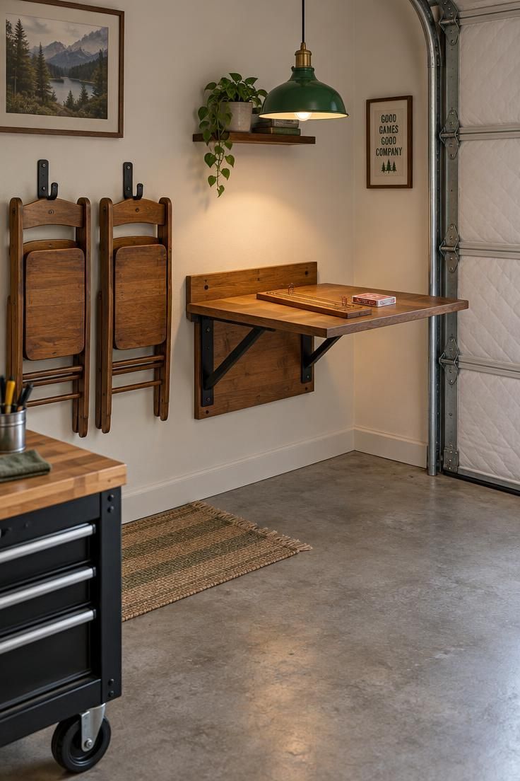 Garage game area with a wall-mounted folding wooden table in the down position, two hanging folding chairs on black hooks, green-shade pendant light, cribbage board and cards, and a rolling tool cart in the foreground.