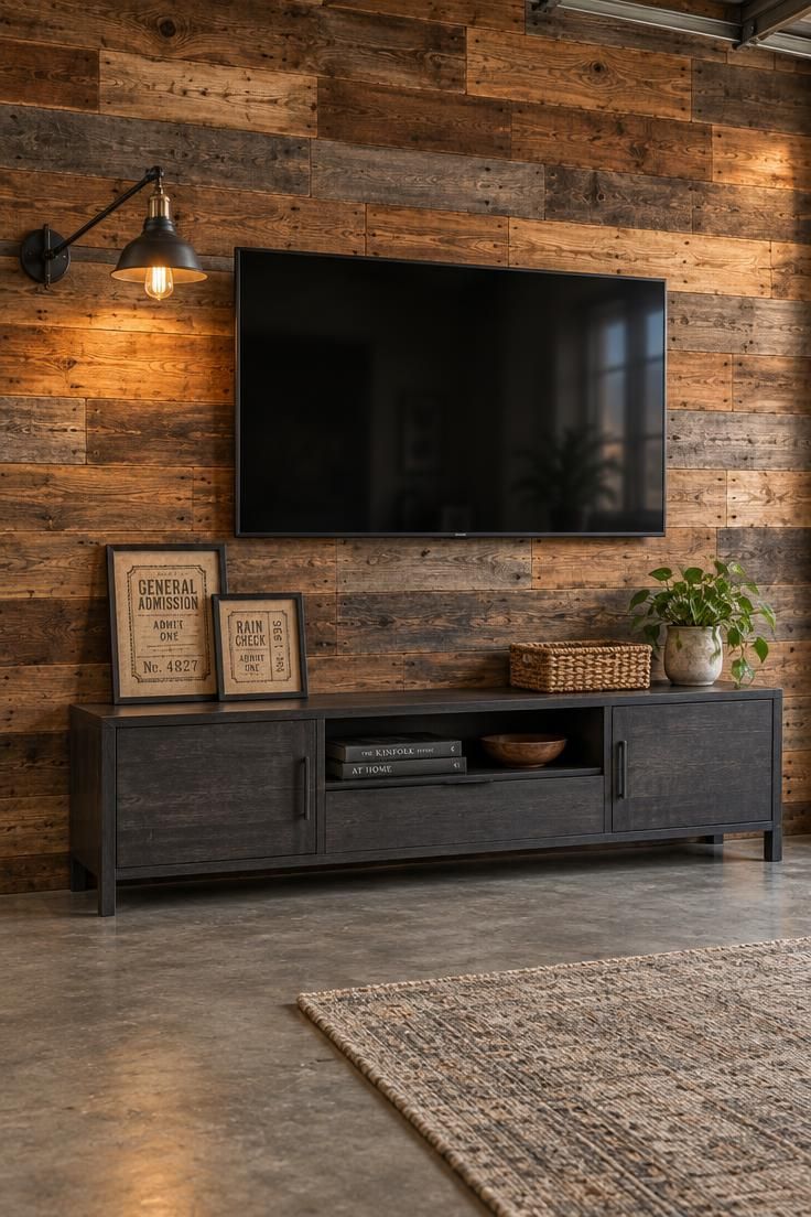 Reclaimed wood plank accent wall in a garage with varied warm browns, a wall-mounted flat-screen TV, charcoal media console, woven basket, potted plant, swing-arm lamp, and the edge of a neutral rug on the concrete floor.
