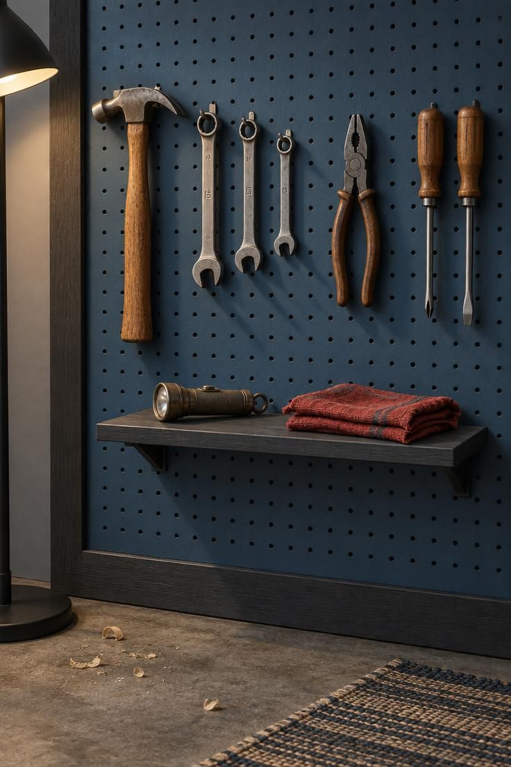 Matte slate blue pegboard tool wall in a garage with a charcoal wood border, hanging hammer, wrenches, pliers, and wood-handled screwdrivers, plus a small floating shelf with a flashlight and folded red shop rag above a concrete floor.
