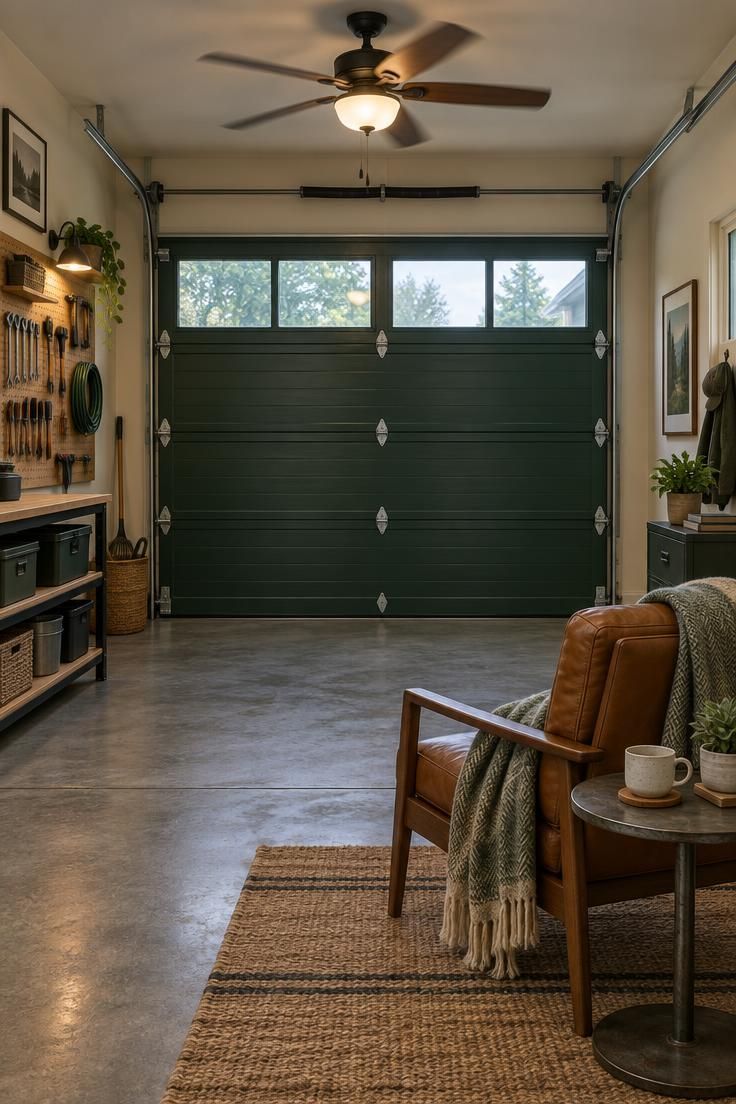 Garage interior with a closed overhead door painted deep forest green, warm off-white side walls, a pegboard tool display, a tan leather chair, a round metal side table, and a ceiling fan with a light kit.