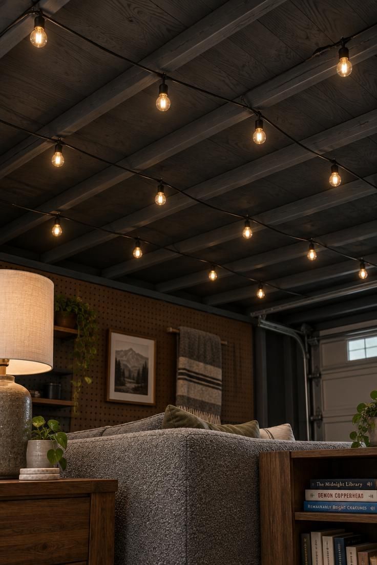Overhead view of a warm white string light grid with dark cords against a charcoal-painted exposed wood ceiling in a garage, above the top edge of a gray boucle sofa, wooden side table, lamp, and pegboard wall.