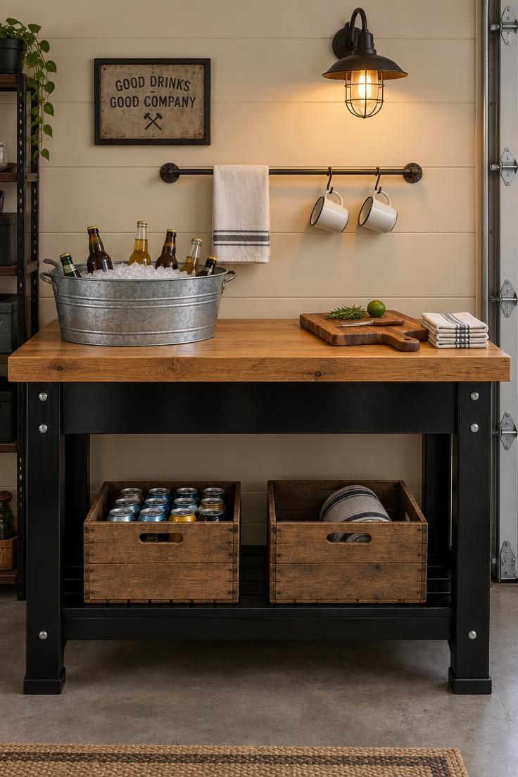 Converted workbench bar in a garage with a glossy black base, thick oak top, galvanized ice tub with bottles, wooden cutting board, cloth napkins, crates below with cans and a towel, metal rail with a bar towel and mugs, and a wire cage wall lamp on a cream wall.