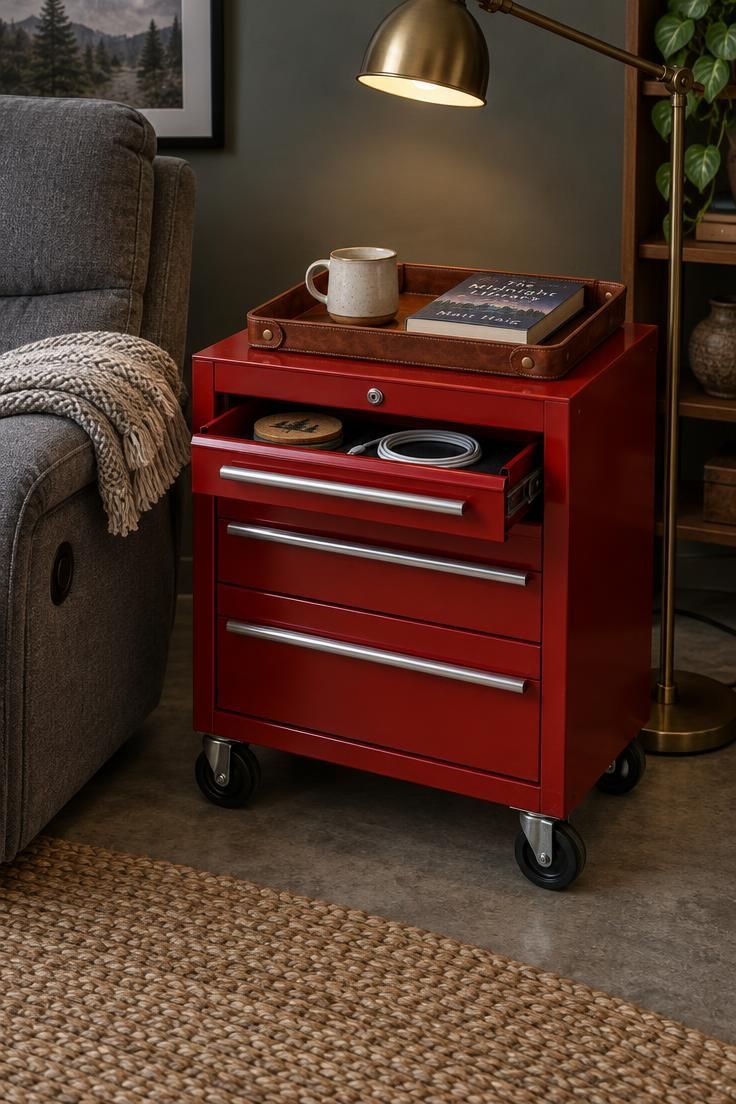 Red rolling tool chest used as a side table beside a gray recliner in a garage, with an open top drawer holding coasters and a charging cable, a leather tray with a mug and paperback, a brass swing-arm floor lamp, and a jute rug on the concrete.