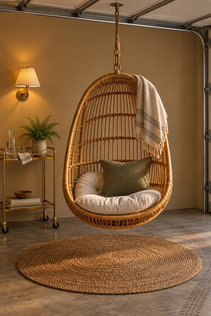 Hanging rattan chair suspended from a garage ceiling above a round jute rug, with a slim brass bar cart holding a glass carafe, linen napkin, and small potted fern, sand-toned wall, wall sconce, and overhead door track along the ceiling.