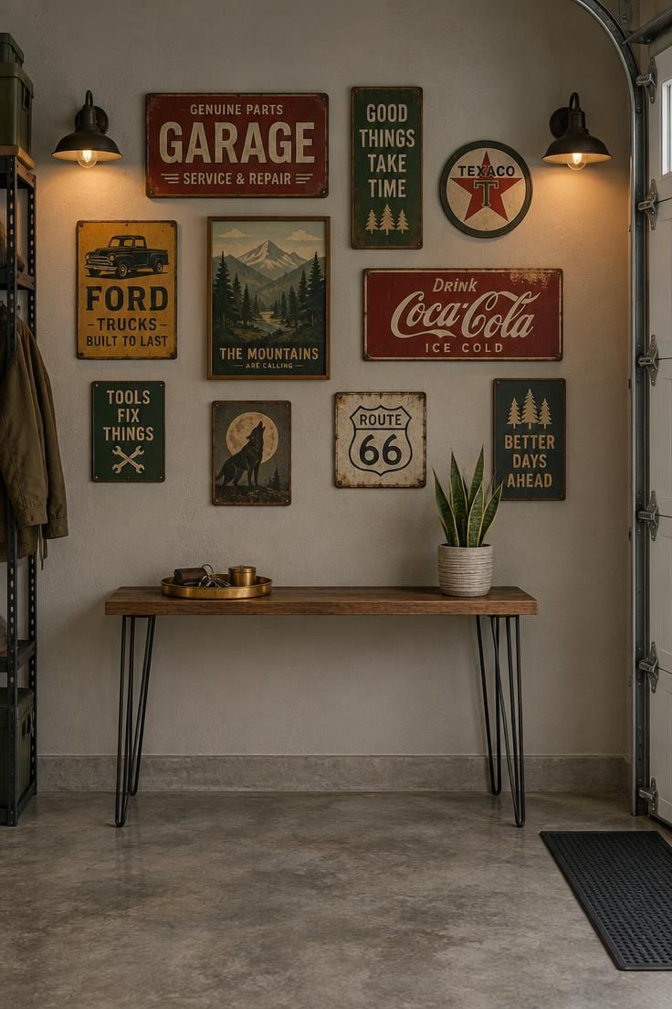 Garage wall with a vintage-style sign gallery in mixed sizes and muted brick red, mustard, and forest green tones above a slim hairpin-leg console holding a brass tray and potted snake plant, flanked by two barn sconces on a gray concrete floor.