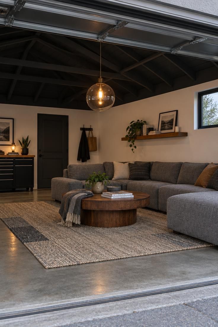Garage with a deep charcoal painted ceiling and exposed rafters, a single large globe pendant over a gray sectional and round walnut coffee table, warm white walls, wood shelf with books and a plant, and an oatmeal and slate rug on the concrete floor.