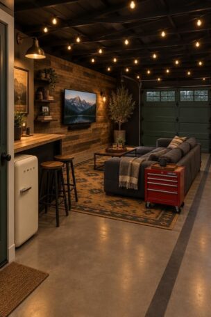 Cozy man cave garage in the evening with a charcoal sectional on an ochre and charcoal rug, reclaimed wood accent wall with a wall-mounted television, butcher-block bar counter with stools and brass lamp, cream mini-fridge, red rolling tool chest side table, warm white string light grid overhead, deep charcoal painted ceiling, warm gray epoxy floor with charcoal stripe, forest green overhead door, and a potted olive tree.
