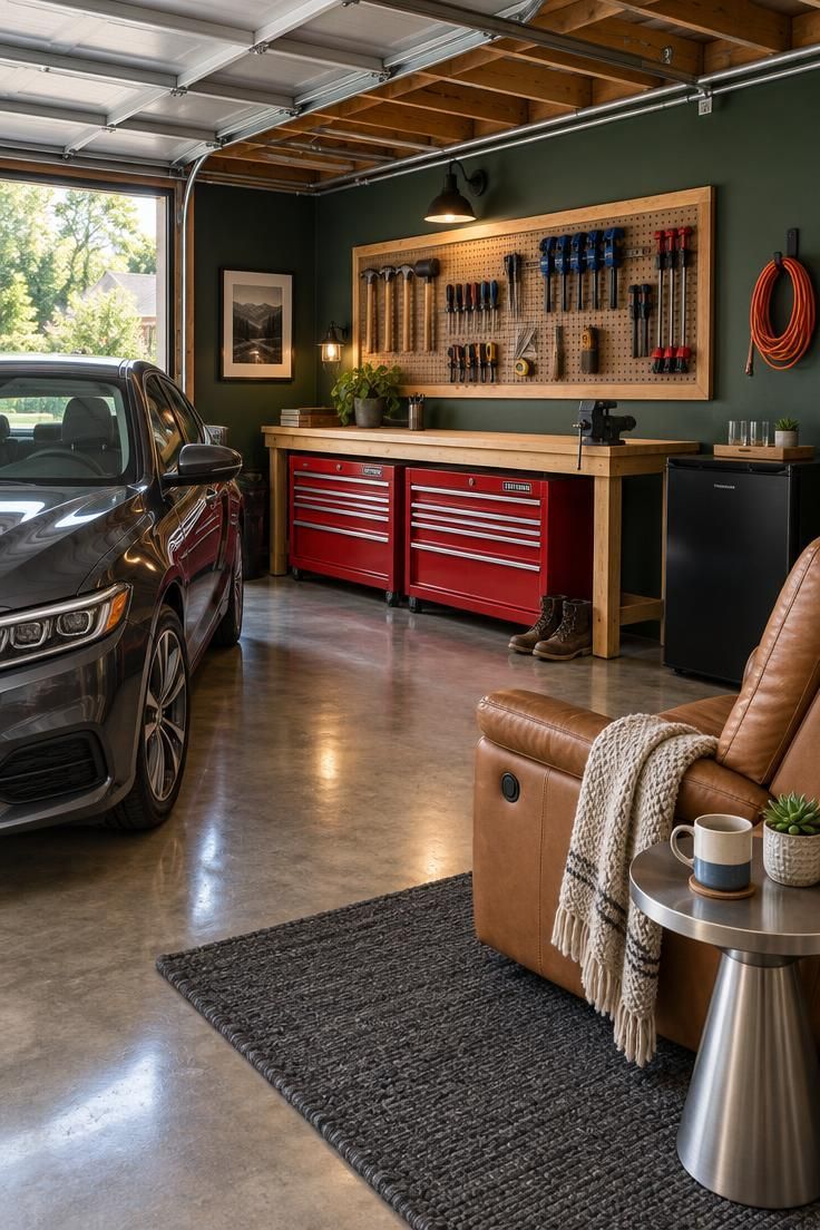 13 Cozy Man Cave Garage Workshop Ideas for Hangout & Build 1 Wide daylight view of a two-car garage split into a parked car on the left and a red-cabinet workshop bench on the right, with a charcoal rug, tan leather recliner, steel side table, and mini-fridge forming a lounge zone near the interior wall.
