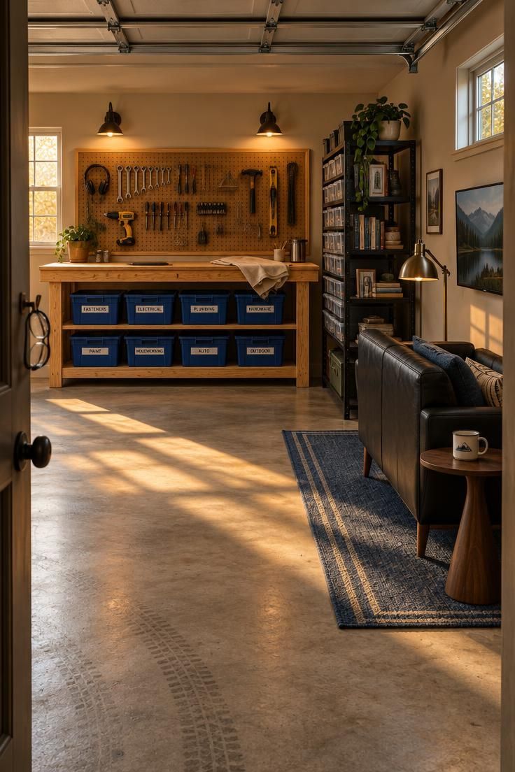 13 Cozy Man Cave Garage Workshop Ideas for Hangout & Build 2 Warm-lit garage interior with a long plywood workbench and blue storage bins on the rear wall, plus a black sofa, wall-mounted television, navy rug, and open metal shelving unit defining a side lounge area.