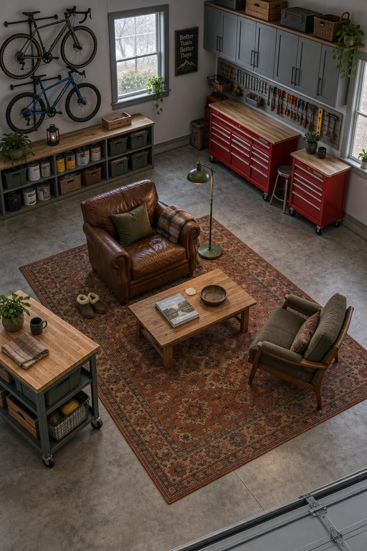 13 Cozy Man Cave Garage Workshop Ideas for Hangout & Build 3 Overhead view of a two-car garage with tools and cabinets lining all four walls and a rust patterned rug in the center holding a leather club chair, armchair, oak coffee table, and green floor lamp.