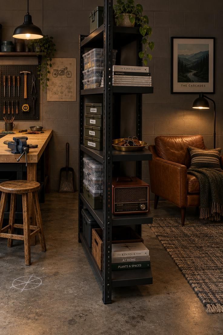 13 Cozy Man Cave Garage Workshop Ideas for Hangout & Build 5 Eye-level garage view with a low four-shelf metal unit dividing a workbench and stool on the left from a leather chair, floor lamp, and rug on the right, with organizer bins and magazines sharing the shelves.