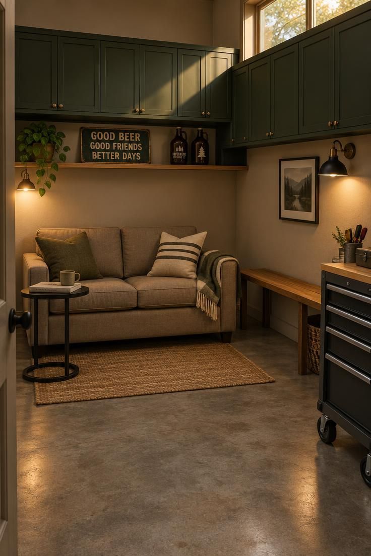13 Cozy Man Cave Garage Workshop Ideas for Hangout & Build 6 Narrow garage corner with dark green high cabinets on two walls, an open ledge holding a sign and growlers, and a taupe loveseat with a black side table on a jute mat below.