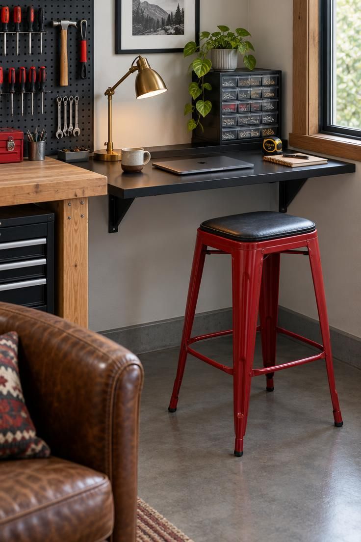 13 Cozy Man Cave Garage Workshop Ideas for Hangout & Build 7 Corner desk setup in a garage with a matte black wall shelf holding a laptop, brass task lamp, and parts organizer, plus a red padded bar stool and a workbench edge visible to the left.
