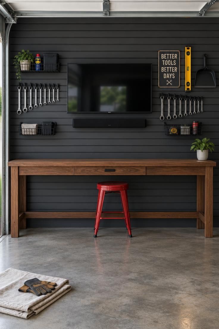 13 Cozy Man Cave Garage Workshop Ideas for Hangout & Build 8 Front view of a charcoal slatwall wall in a garage with a centered television, black hooks holding wrenches and a dustpan on both sides, and a narrow walnut workbench with a red stool below.