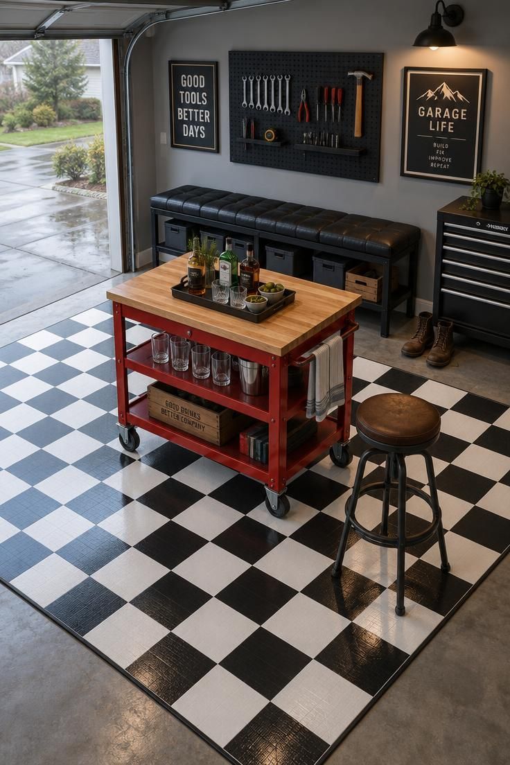 13 Cozy Man Cave Garage Workshop Ideas for Hangout & Build 9 Overhead view of a black-and-white checkered vinyl mat in a garage with a red steel cart holding bottles and a tray, a black padded bench along the wall, and a pegboard with tools and framed signs above.