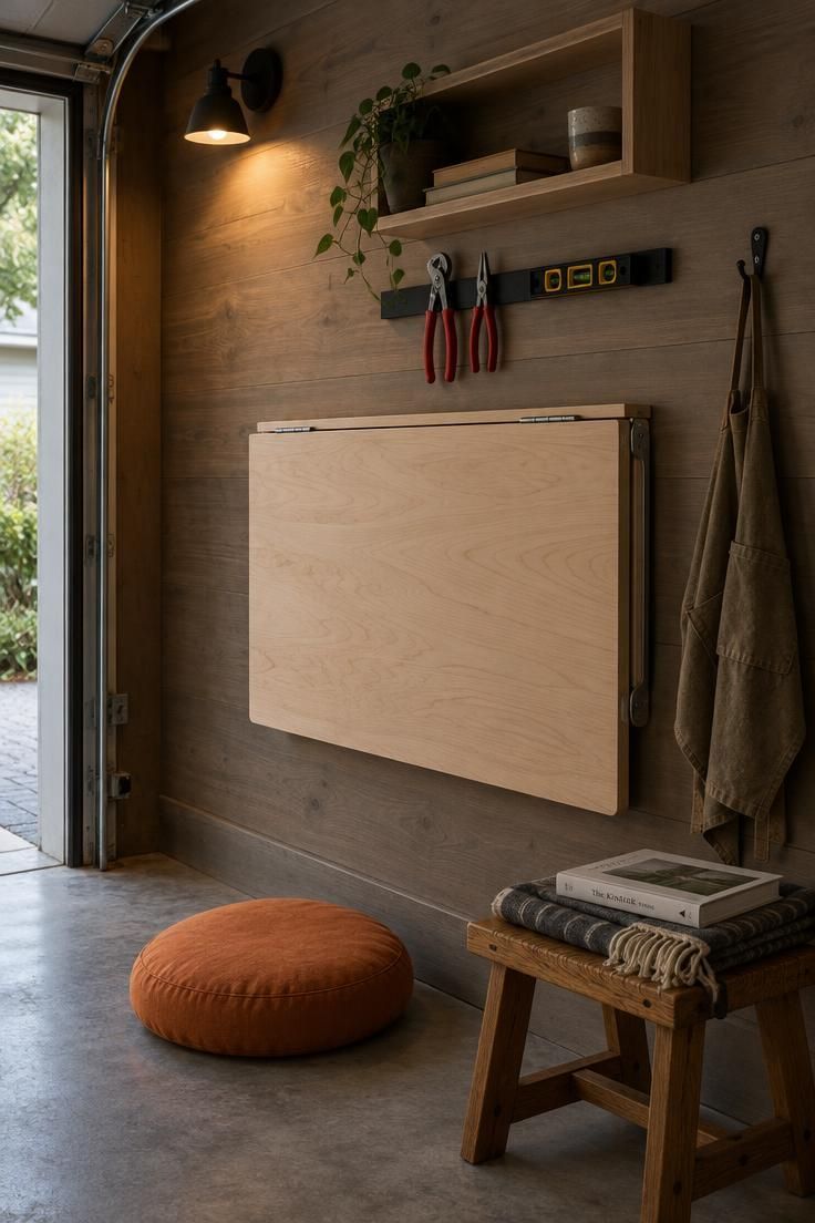 13 Cozy Man Cave Garage Workshop Ideas for Hangout & Build 10 Side view of a garage wall with a closed pale wood fold-down table, a magnetic strip holding red-handled pliers and a level, and a round orange floor cushion and wooden stool on the bare concrete floor.