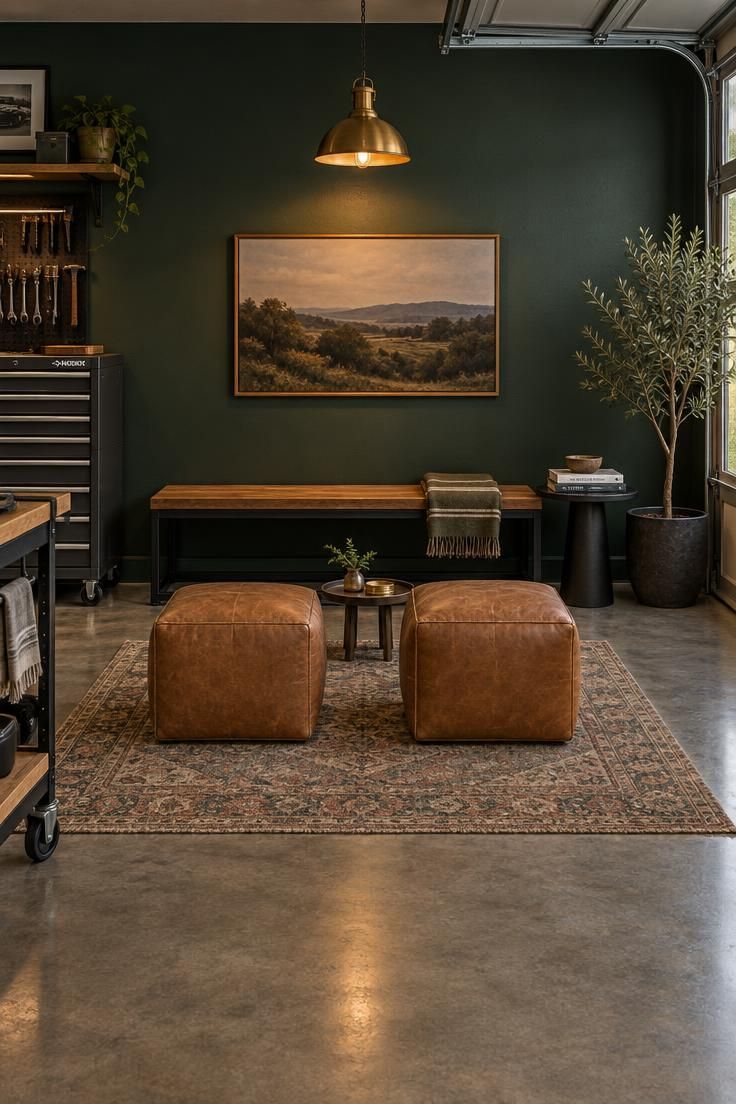 13 Cozy Man Cave Garage Workshop Ideas for Hangout & Build 11 Garage back wall painted deep green with a blackened steel bench and walnut seat, two tan leather ottomans on a runner rug, and a brass pendant light hanging over the seating.