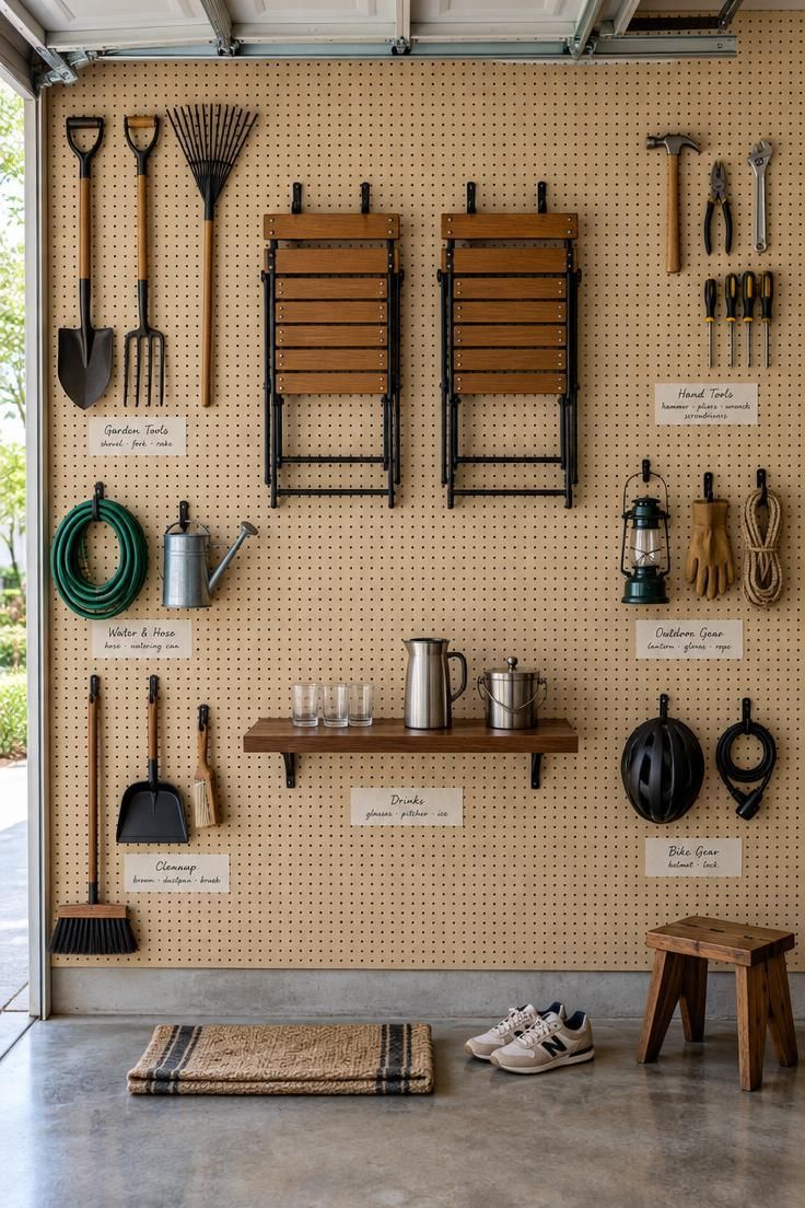 13 Cozy Man Cave Garage Workshop Ideas for Hangout & Build 12 Front view of a beige pegboard wall with tools arranged around the perimeter, two folding chairs hanging in the center, and a walnut shelf holding glasses, a steel pitcher, and an ice bucket below.