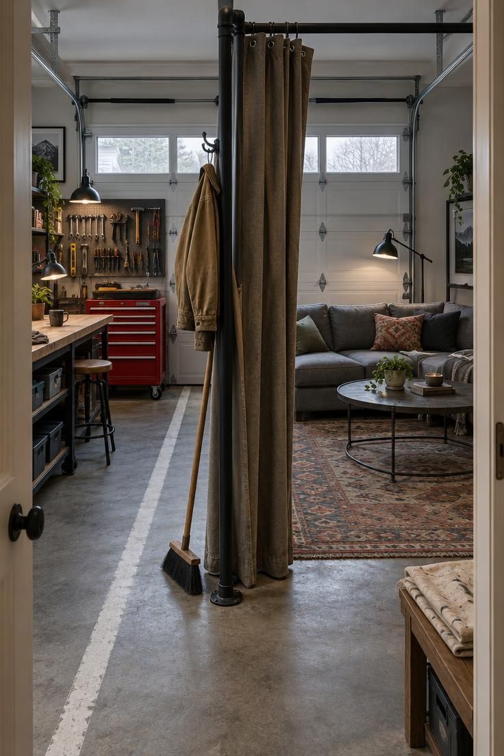 13 Cozy Man Cave Garage Workshop Ideas for Hangout & Build 13 Two-bay garage divided by a black steel pipe frame with a canvas curtain partially drawn, showing a workbench and red tool chest on one side and a gray sectional, metal table, and rug on the other.