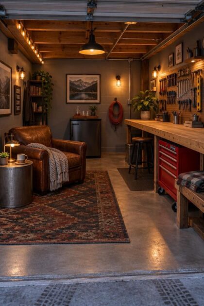 13 Cozy Man Cave Garage Workshop Ideas for Hangout & Build Cozy dusk view of a residential garage with a workbench, pegboard, and red tool cabinet on one side and a leather club chair, patterned rug, steel side table, and mini-fridge on the other, lit by warm sconces and string lights.