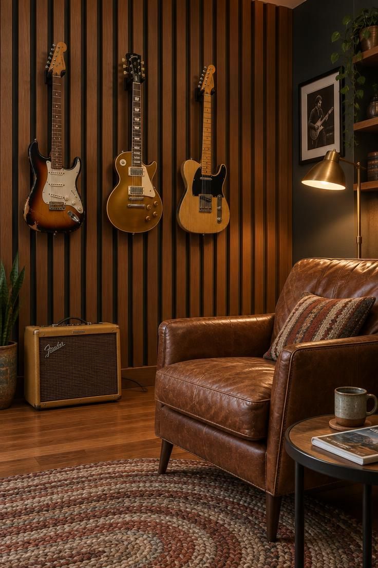 A man cave guitar room corner with a warm wood slat wall, three hanging electric guitars, a leather armchair, and a small amp on a rust and cream rug under golden lamplight.