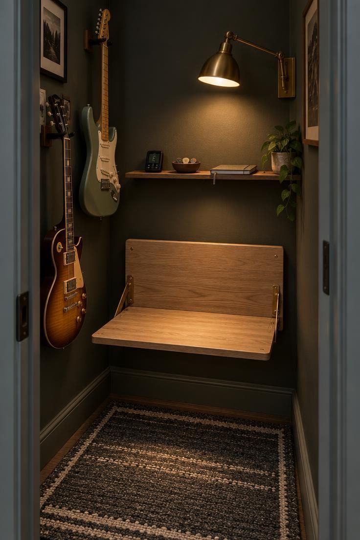 A tiny corner nook with a fold-down light wood bench, two vertically hung electric guitars, a glowing brass swing-arm lamp, and a narrow shelf holding a tuner and picks.