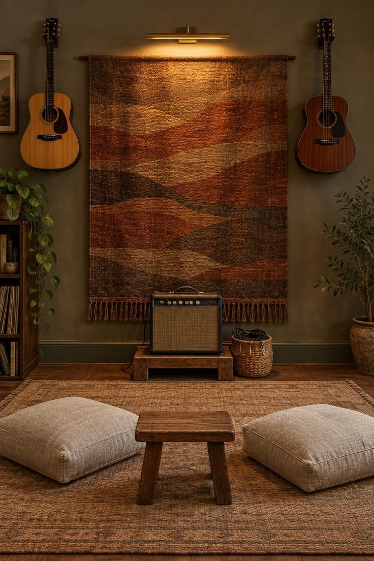 A practice wall covered by a rust and brown tapestry with two acoustic guitars hung above, floor cushions and a stool facing a small tube amp on a wooden riser.