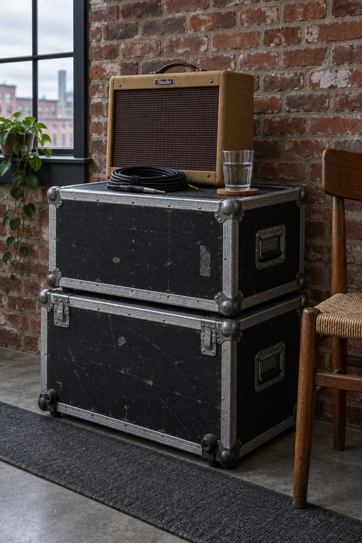 Two stacked black road cases with metal corners under a small tweed amp, a coiled cable and a coaster with a glass on top, against an exposed brick wall.