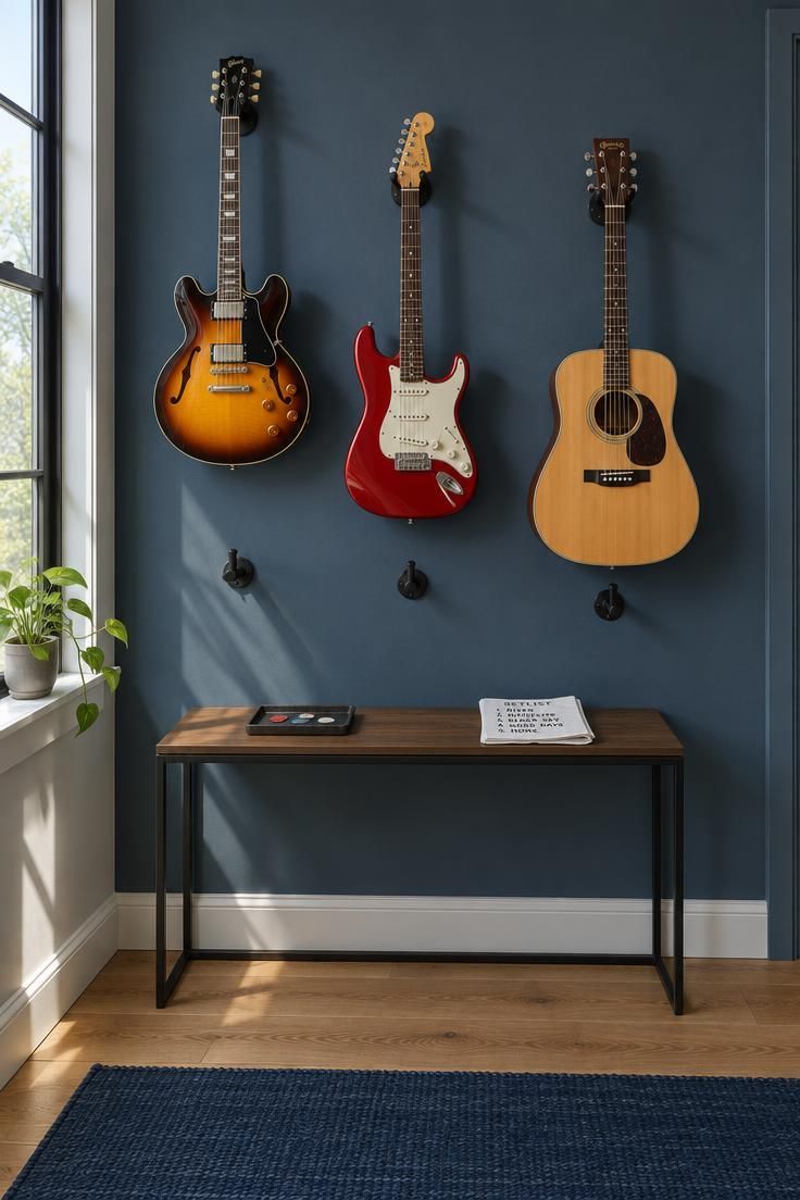 A deep blue-gray wall with a grid of black metal hooks holding a sunburst semi-hollow, a solid red electric, and a natural acoustic guitar at different heights.