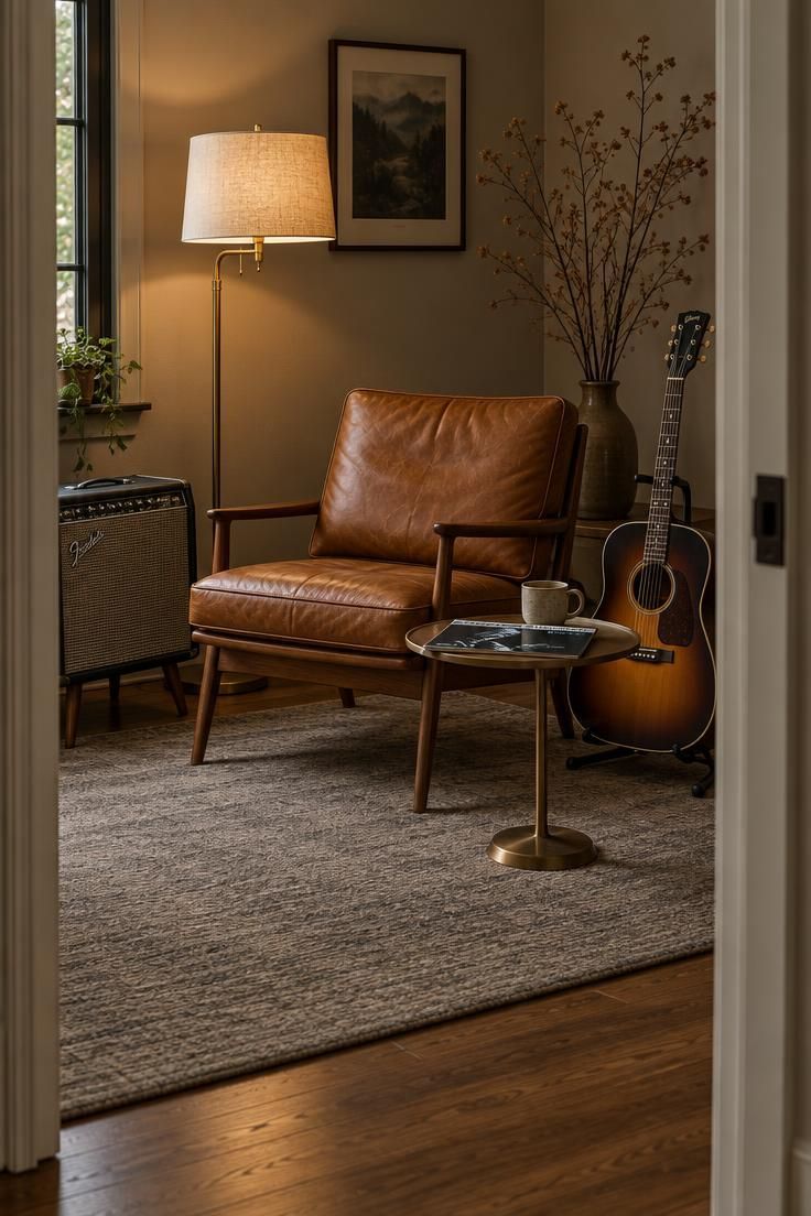 A corner with a cognac leather lounge chair, brass floor lamp, low-boy amp on angled legs, and a guitar on a floor stand beside a small side table.