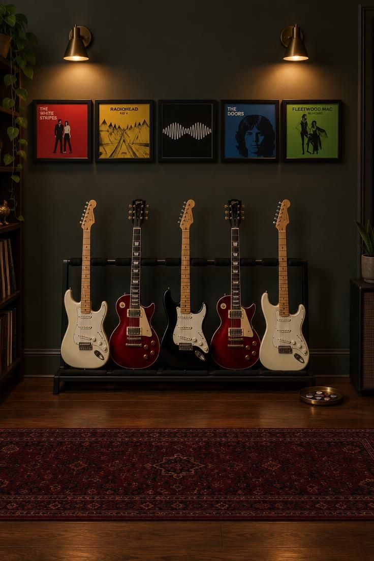 A narrow room wall with five framed album covers in a row above a low five-guitar floor rack, with a thin burgundy runner rug on the floor.
