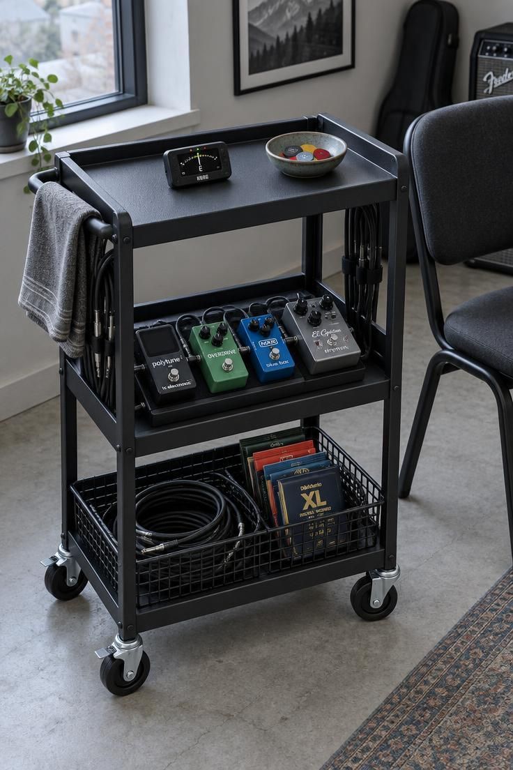A matte black steel utility cart on locking casters with a pedalboard on the middle shelf, a tuner and pick bowl on top, and cables in the bottom basket.