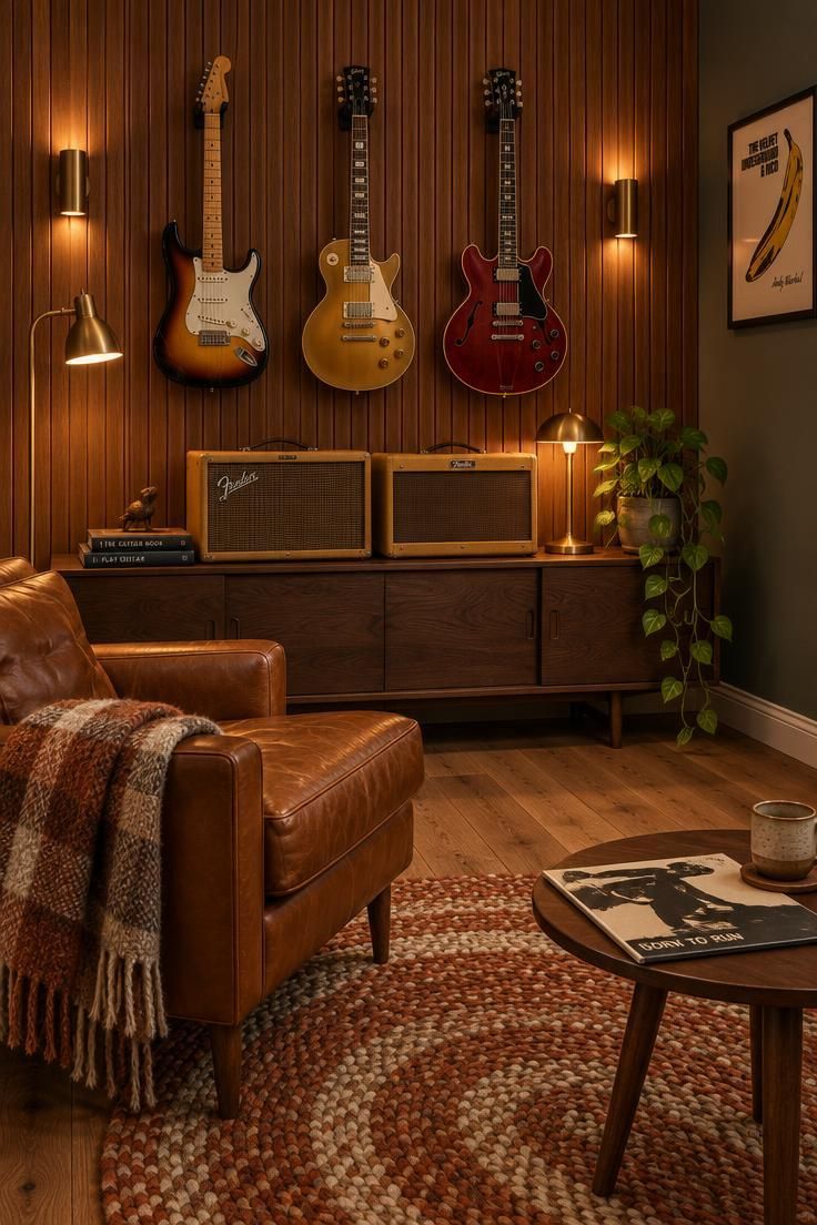A cozy man cave guitar room with a warm wood slat wall, three hanging electric guitars, a leather armchair, tweed amps on a low oak console, and layered warm lamplight over a rust and cream rug.