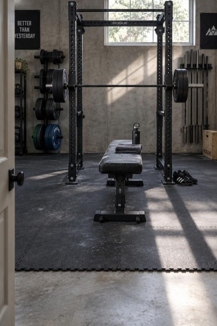 10 Man Cave Gym Ideas Full of Grit and Personal Character 1 Charcoal rubber tiles under a steel power rack, seen from a doorway, with a bench in front and a plate rack on the wall behind.