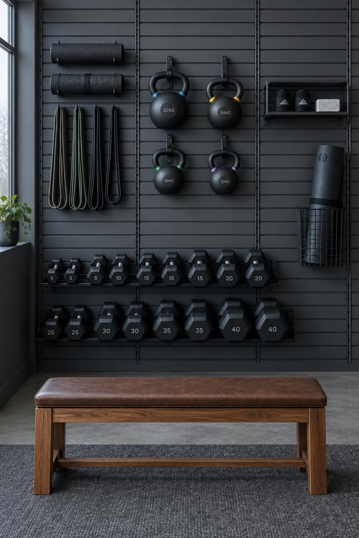 10 Man Cave Gym Ideas Full of Grit and Personal Character 2 Matte gunmetal slatwall with dumbbells, kettlebells, and a yoga mat basket, plus a wooden bench with a leather top in front.