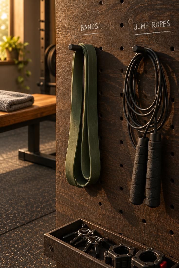 10 Man Cave Gym Ideas Full of Grit and Personal Character 3 Close-up of dark-stained pegboard with black hooks holding a resistance band and jump rope, chalk labels, and a blurred bench beyond.