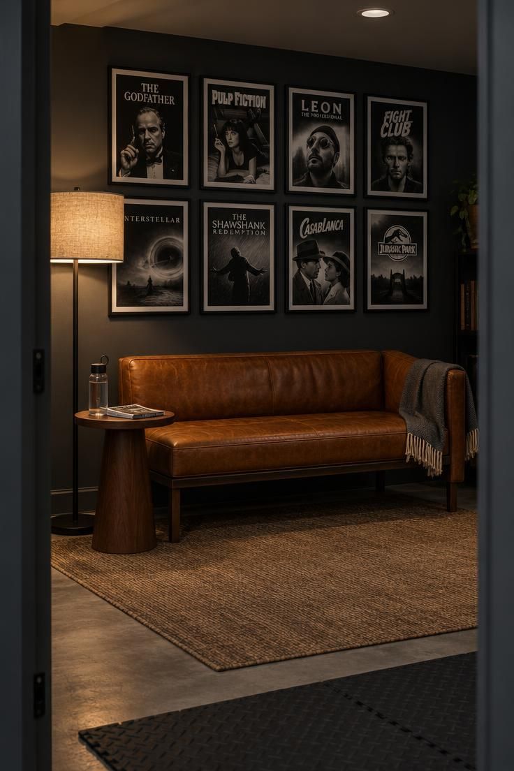 10 Man Cave Gym Ideas Full of Grit and Personal Character 4 Caramel leather bench under framed black-and-white posters in a moody basement corner, with a side table and warm floor lamp.