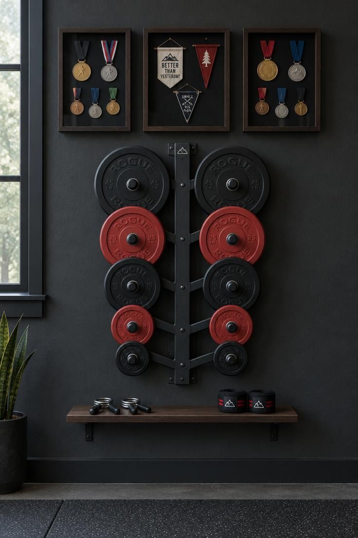 10 Man Cave Gym Ideas Full of Grit and Personal Character 5 Forged steel plate tree with black and red plates below three dark wood shadow boxes holding medals, plus a collar shelf.