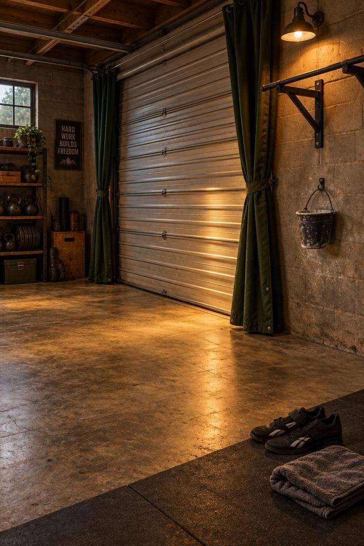 10 Man Cave Gym Ideas Full of Grit and Personal Character 6 Garage roll-up door flanked by deep green curtains, with a wall-mounted pull-up bar and hanging chalk bucket, in warm light.