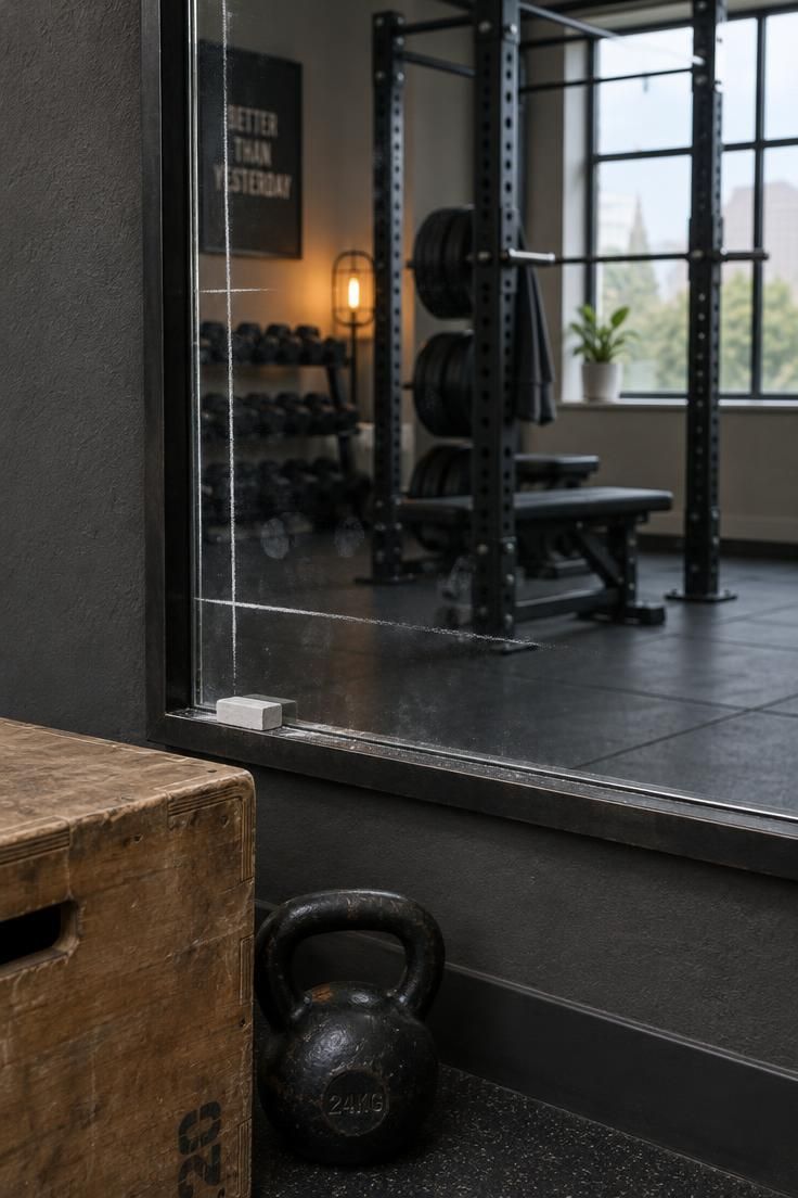 10 Man Cave Gym Ideas Full of Grit and Personal Character 7 Close-up of a mirror edge with thin chalk lines, reflecting a blurred gym, with a worn wooden plyo box and kettlebell below.