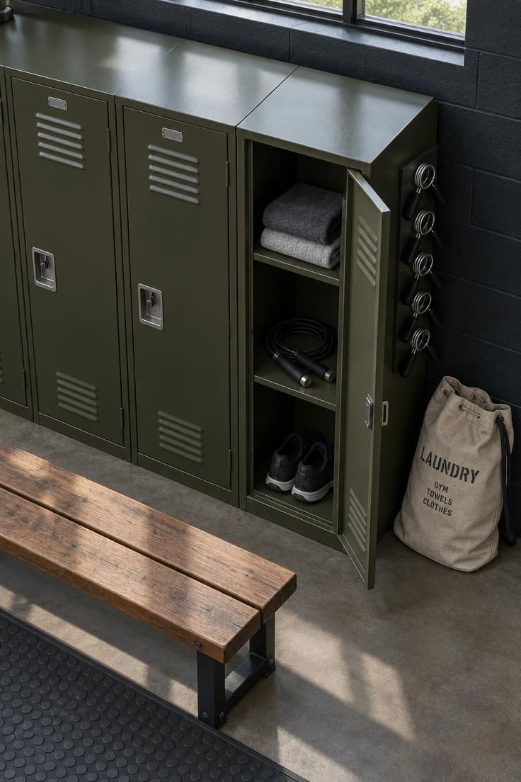 10 Man Cave Gym Ideas Full of Grit and Personal Character 8 Overhead view of three olive metal lockers with one door open showing towels and a jump rope, plus a magnetic strip of collars.