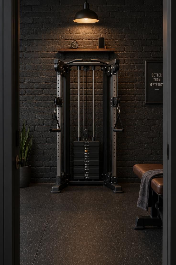 10 Man Cave Gym Ideas Full of Grit and Personal Character 9 Cable machine centered on a matte charcoal painted brick wall under a warm pendant, with a wood shelf holding a stopwatch.