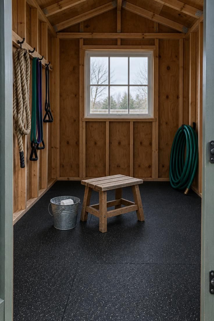 10 Man Cave Gym Ideas Full of Grit and Personal Character 10 Shed gym with exposed stud walls, a peg rail holding ropes and bands, a wooden garden stool on rubber flooring, and a window.