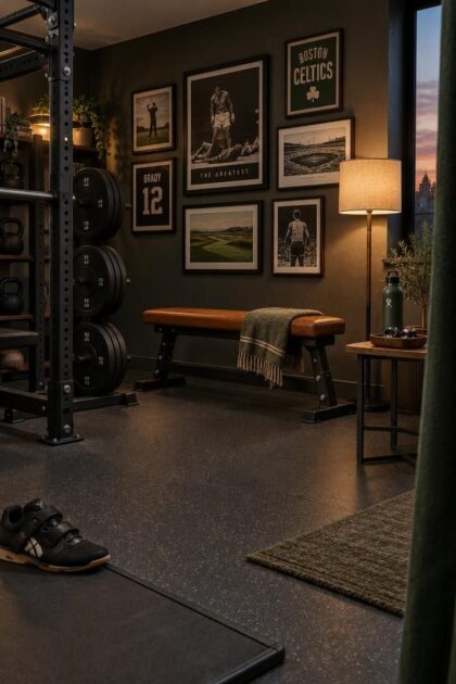 10 Man Cave Gym Ideas Full of Grit and Personal Character Cozy residential man cave gym at dusk with a steel rack, leather bench, framed prints, charcoal rubber floor, and warm lamplight.