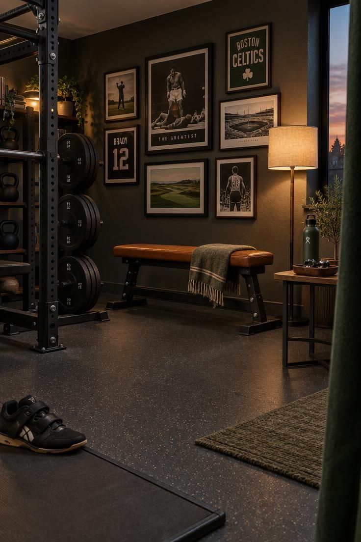 Simple Spaces 22 Cozy residential man cave gym at dusk with a steel rack, leather bench, framed prints, charcoal rubber floor, and warm lamplight.