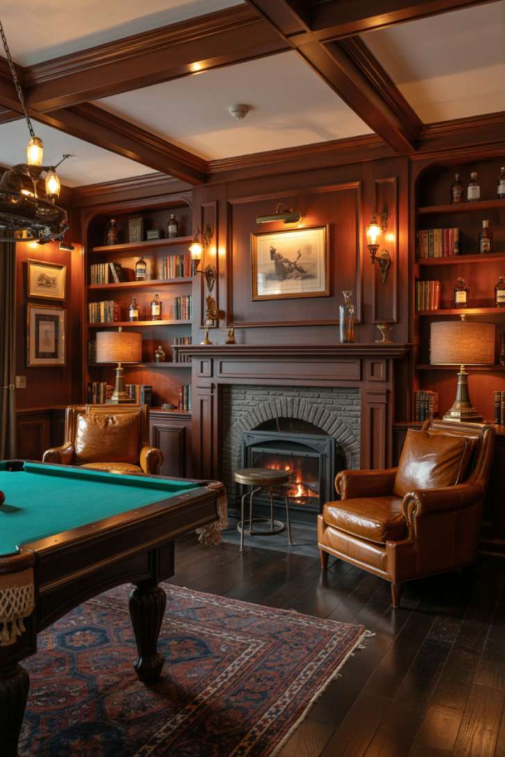 Sophisticated man cave with mahogany paneling, leather furniture, and stone fireplace