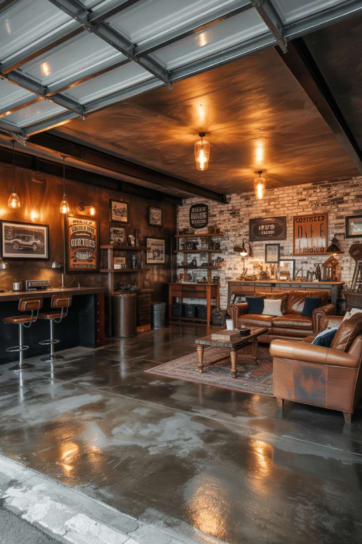 Industrial garage retreat with exposed steel beams and copper accents
