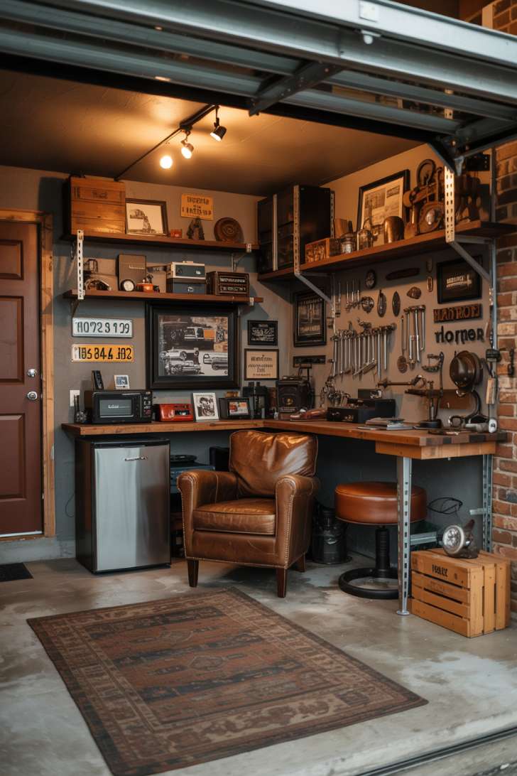 Cozy converted garage with brick walls and vintage tool displays