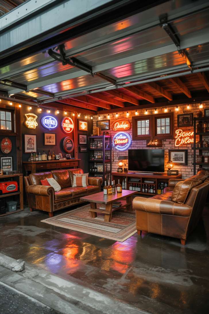 Garage man cave with neon beer signs and string lights