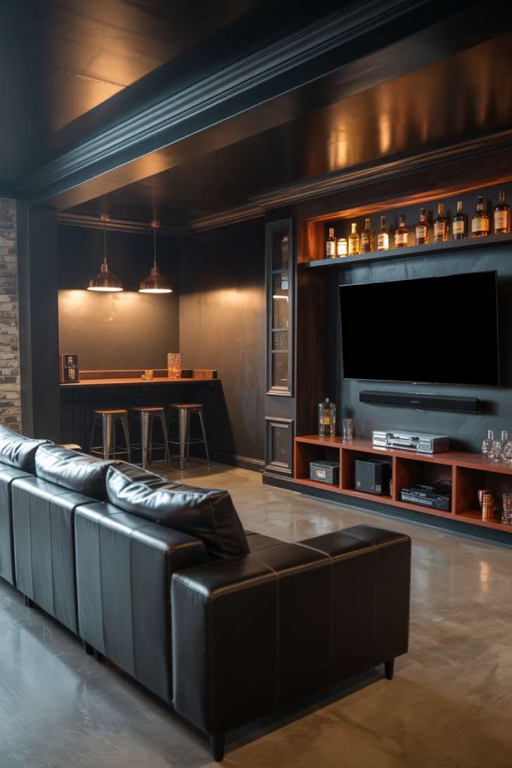 Sleek man cave with black leather sectional and copper bar accents